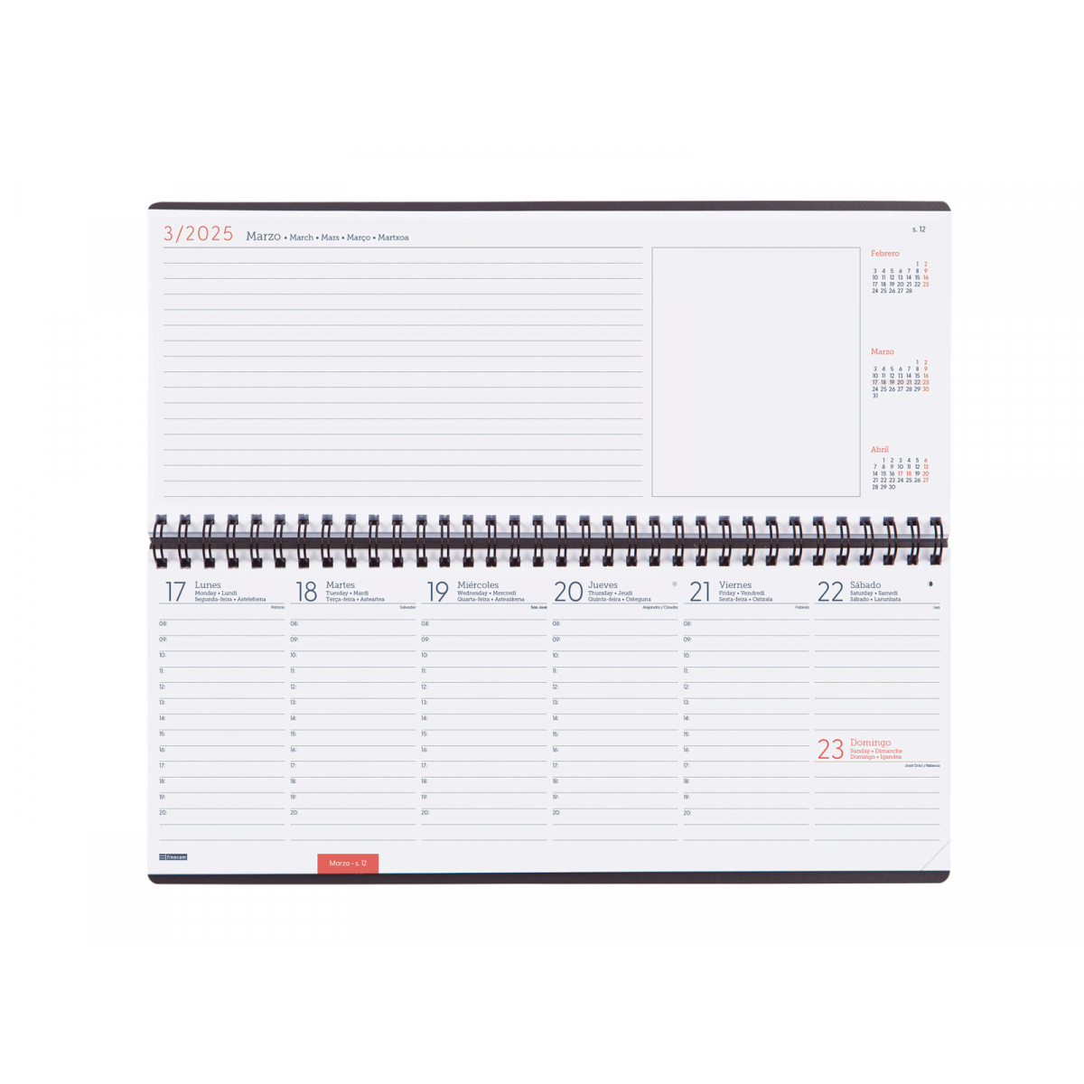 AGENDA PLANIFICADOR FINOCAM CON ESPIRAL 2025 SEMANA VISTA VERTICAL + NOTAS CASTELLANO 290X116MM